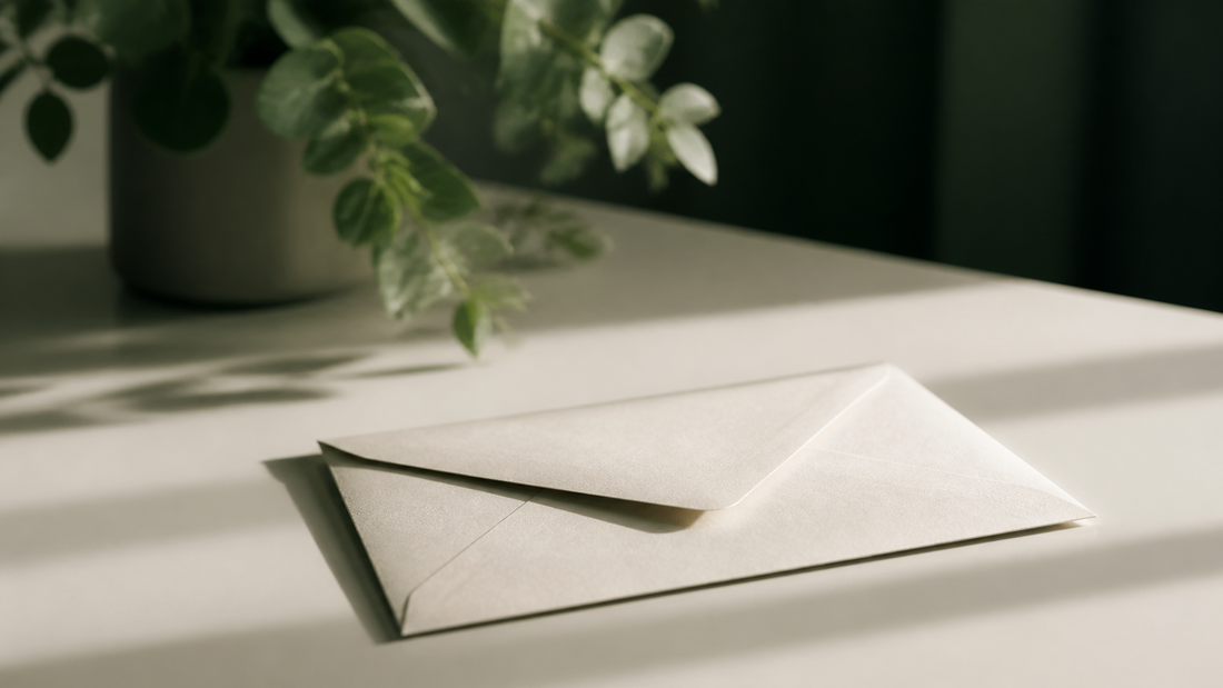 A single unopened envelope on a cream desk