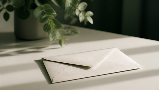 A single unopened envelope on a cream desk