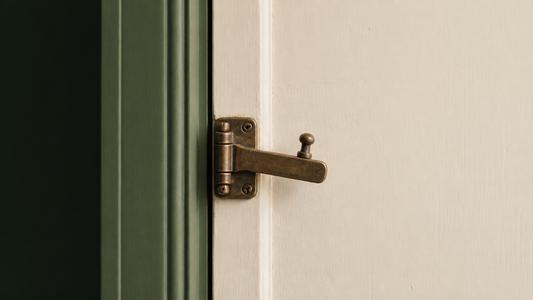 An antique brass latch on a cream door with a sage green frame