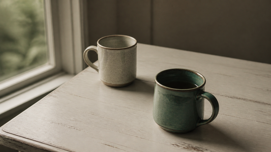 Two mismatched mugs on a windowsill table, one pushed slightly apart