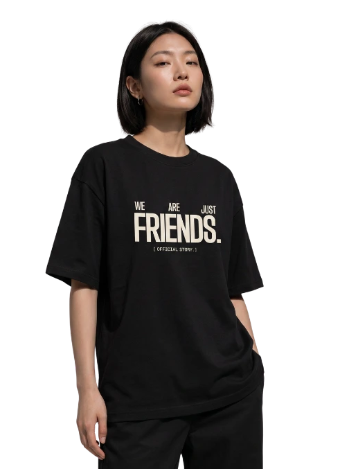 Three models wearing black and white graphic t-shirts on a white background, showing size information with height, weight, and shirt size labels.