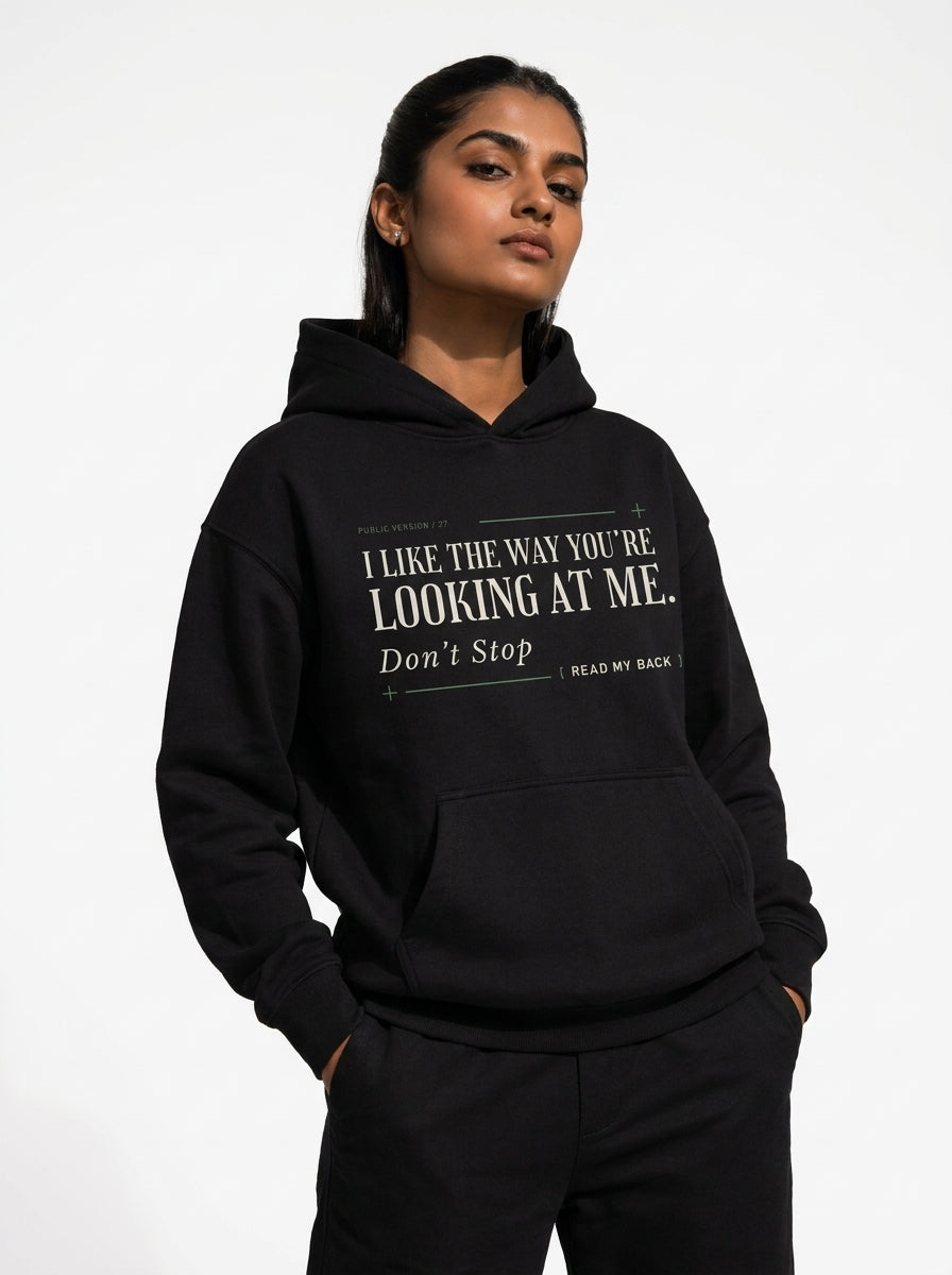 Black - THE WAY YOU'RE LOOKING AT ME HOODIE, WEARCAPTION heavyweight oversized front view