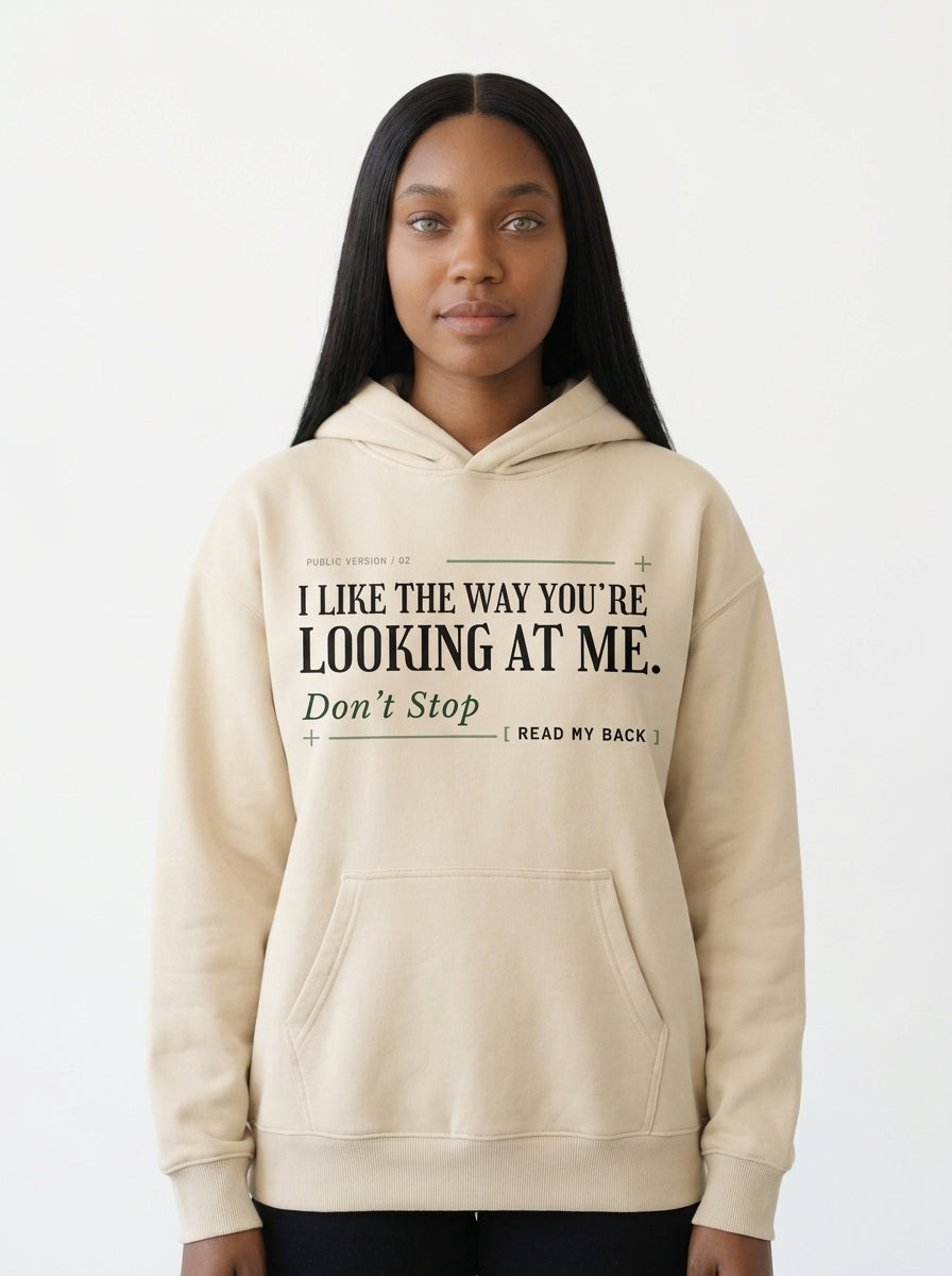 Apricot - THE WAY YOU'RE LOOKING AT ME HOODIE, WEARCAPTION heavyweight oversized front view