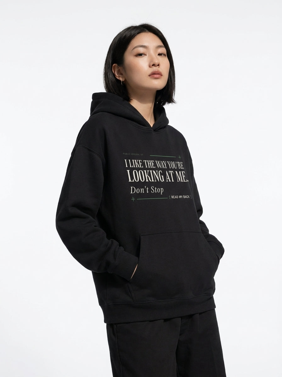 Black - THE WAY YOU'RE LOOKING AT ME HOODIE, WEARCAPTION heavyweight oversized front view