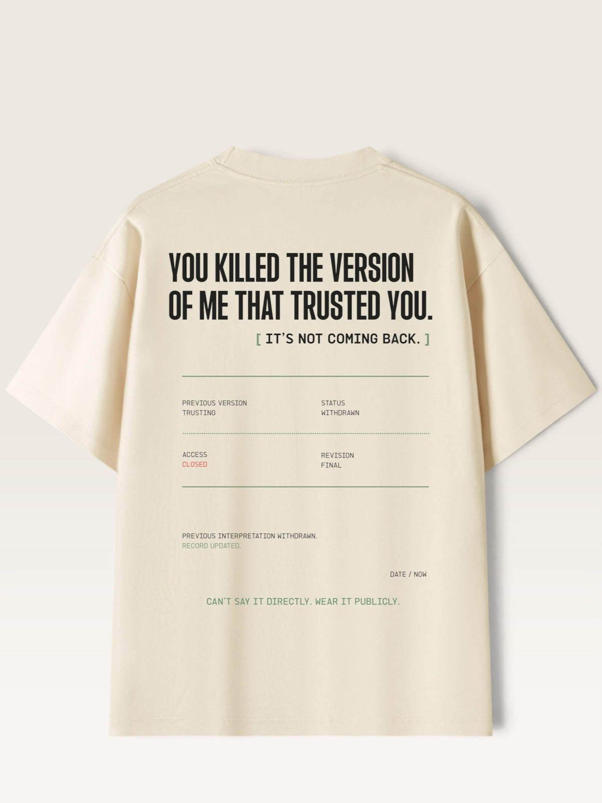 Mild Apricot - short-sleeve t-shirt shown from the back, featuring a black typographic graphic with a quote and a faux database entry layout.
