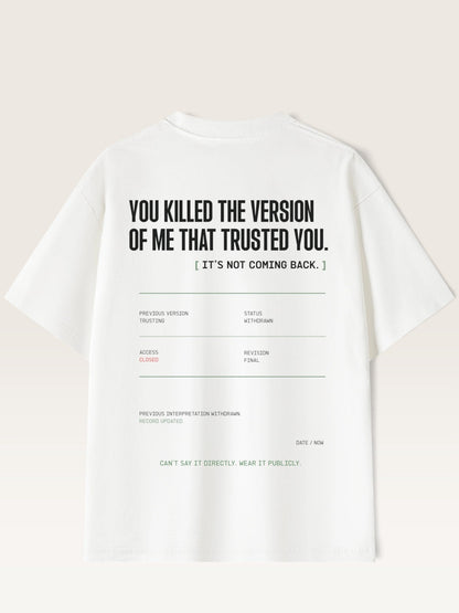 White short-sleeve t-shirt shown from the back, featuring a black typographic graphic with a quote and a faux terminal window style design printed on the back.