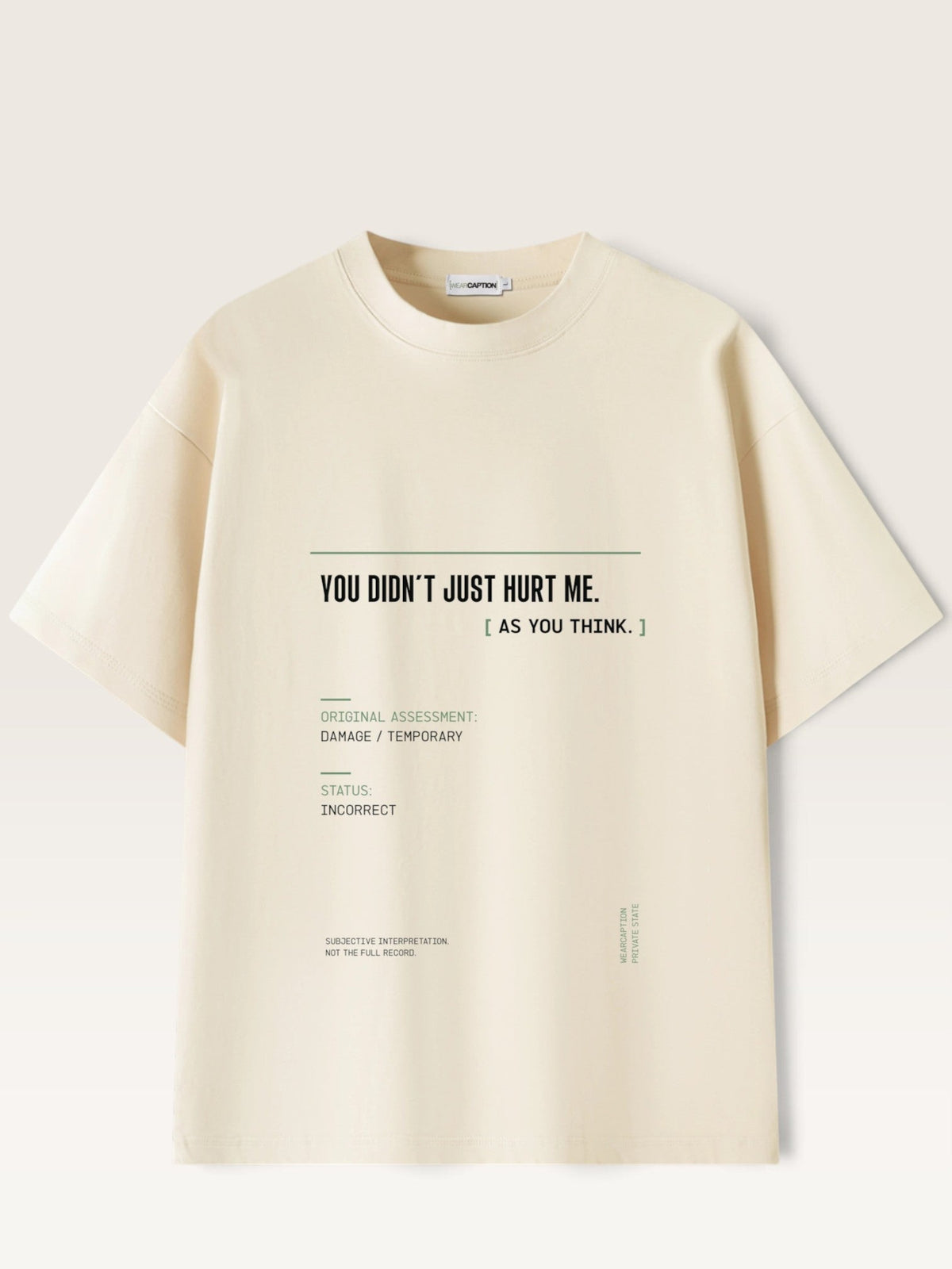 Mild Apricot -  short-sleeve t-shirt with black printed text on the front, displayed flat against a matching cream background.