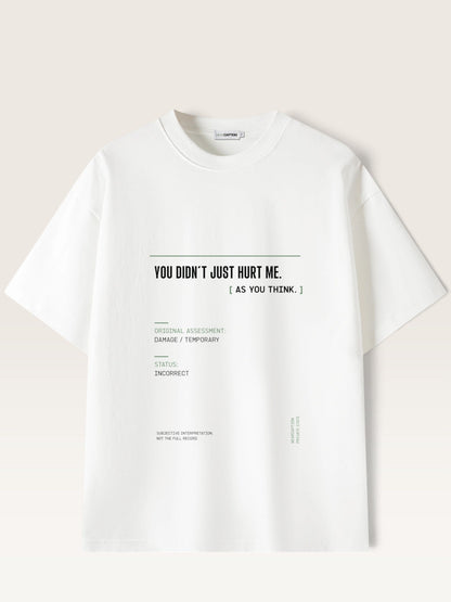 White short-sleeve crewneck t-shirt with black printed text on the front, displayed flat against a light beige background.