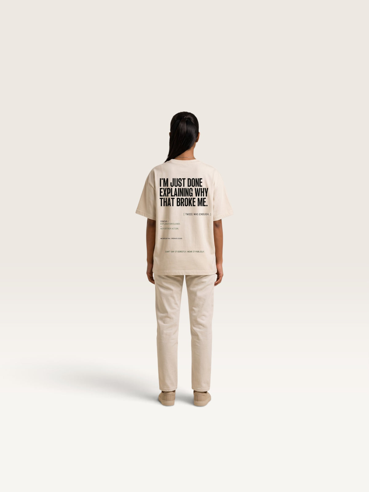 Mild Apricot WEARCAPTION heavyweight cotton oversized t-shirt with white I'M NOT COLD graphic print on the chest.