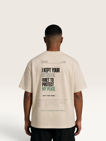 Mild Apricot WEARCAPTION  heavyweight cotton oversized t-shirt with NOTHING HAPPENED PUBLIC VERSION graphic print