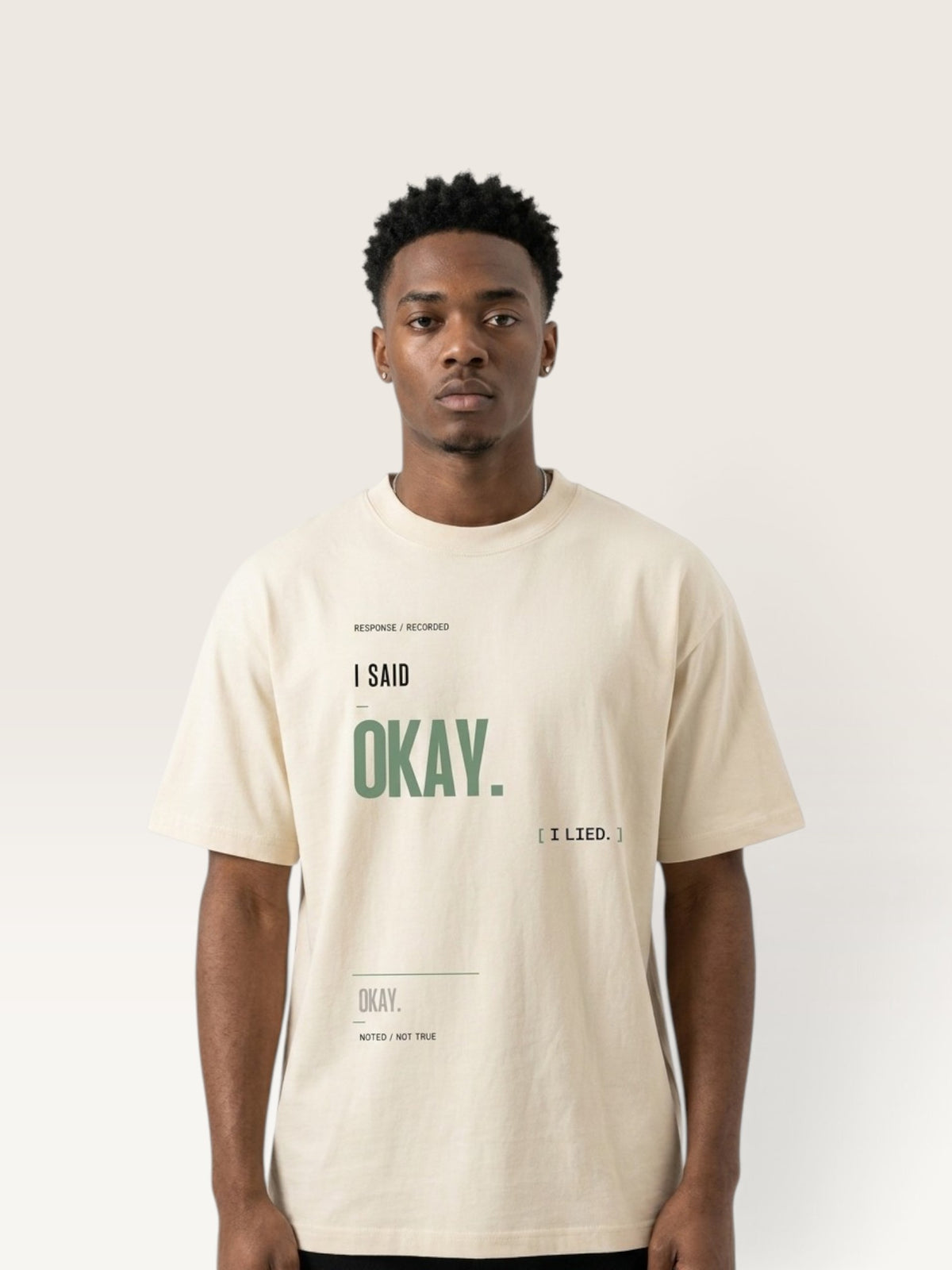 Mild Apricot - heavyweight cotton oversized t-shirt with I SAID OKAY graphic print on the front