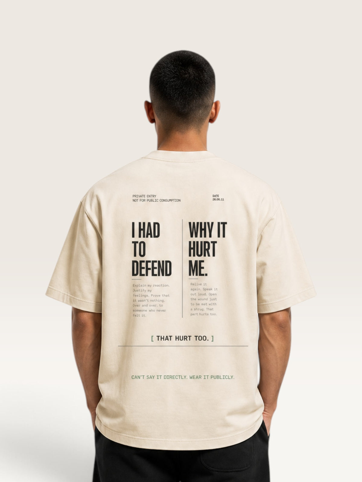 Mild Apricot WEARCAPTION beige heavyweight cotton oversized t-shirt with black graphic text on the back, worn by a man.