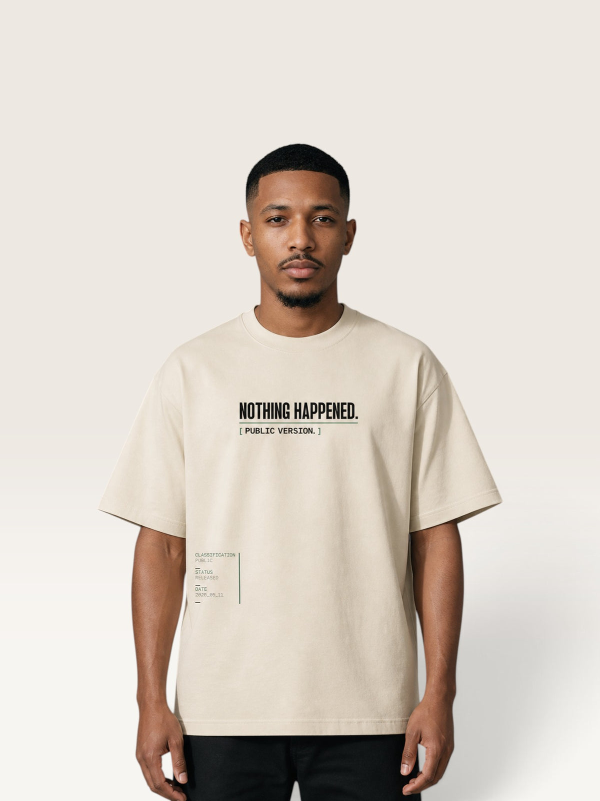 Mild Apricot WEARCAPTION  heavyweight cotton oversized t-shirt with NOTHING HAPPENED PUBLIC VERSION graphic print