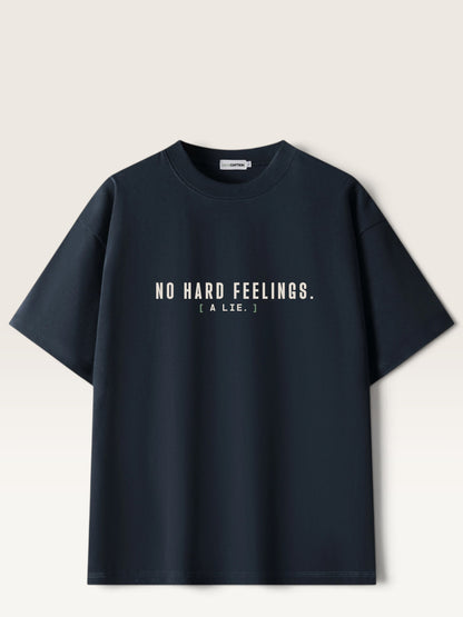 Navy Blue - heavyweight cotton oversized t-shirt with white NO HARD FEELINGS A LIE text print on the front