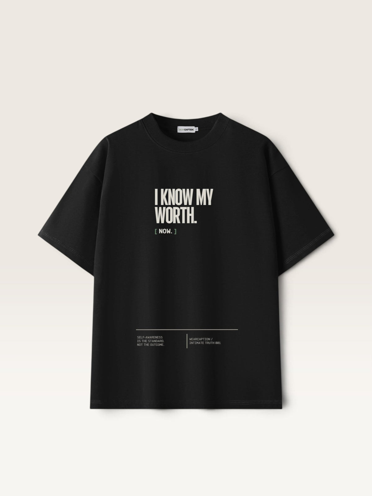 Black WEARCAPTION  heavyweight cotton oversized t-shirt with white I KNOW MY WORTH graphic print on the front