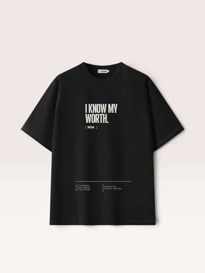 Black WEARCAPTION  heavyweight cotton oversized t-shirt with white I KNOW MY WORTH graphic print on the front