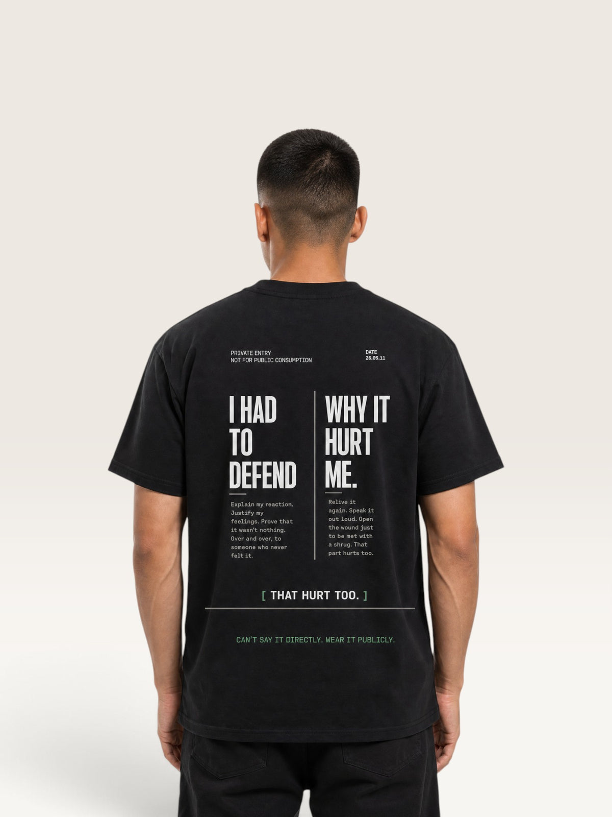 Black WEARCAPTION black heavyweight cotton oversized t-shirt with white typographic back print on a model from behind