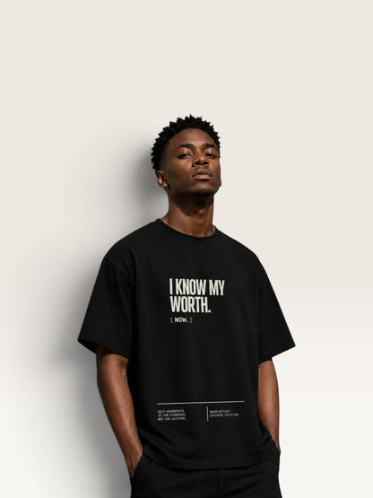 Black WEARCAPTION  heavyweight cotton oversized t-shirt with white I KNOW MY WORTH graphic print on the front