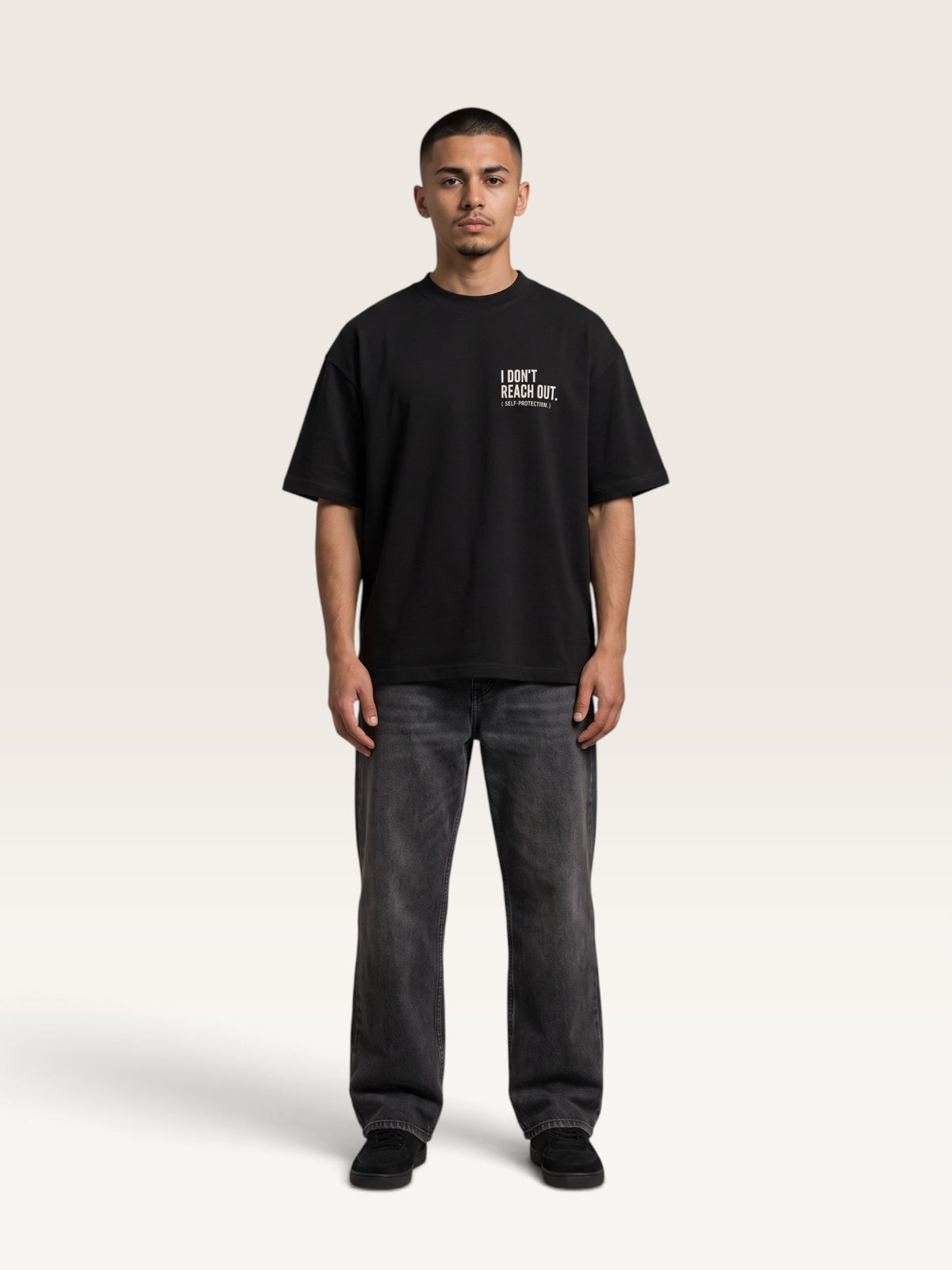 Black WEARCAPTION  heavyweight cotton oversized t-shirt with white I DON'T REACH OUT graphic print on the chest