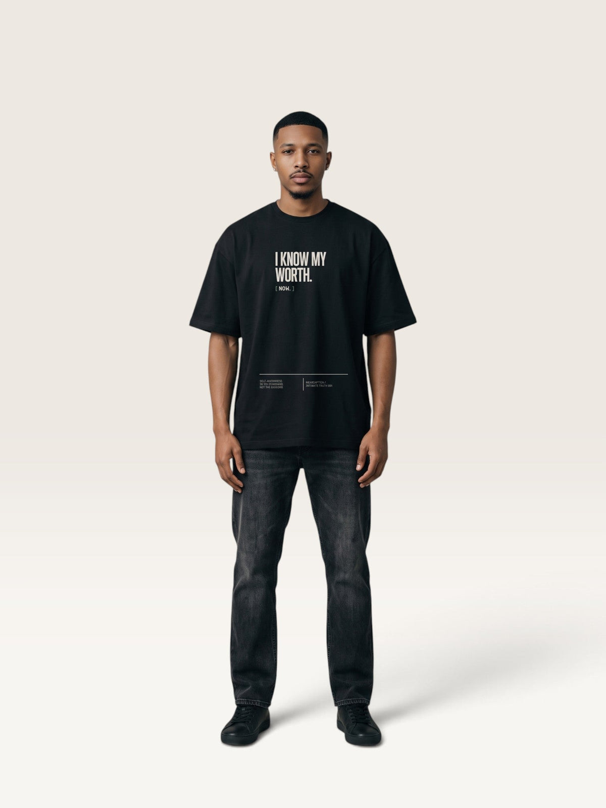 Black WEARCAPTION  heavyweight cotton oversized t-shirt with white I KNOW MY WORTH graphic print on the front
