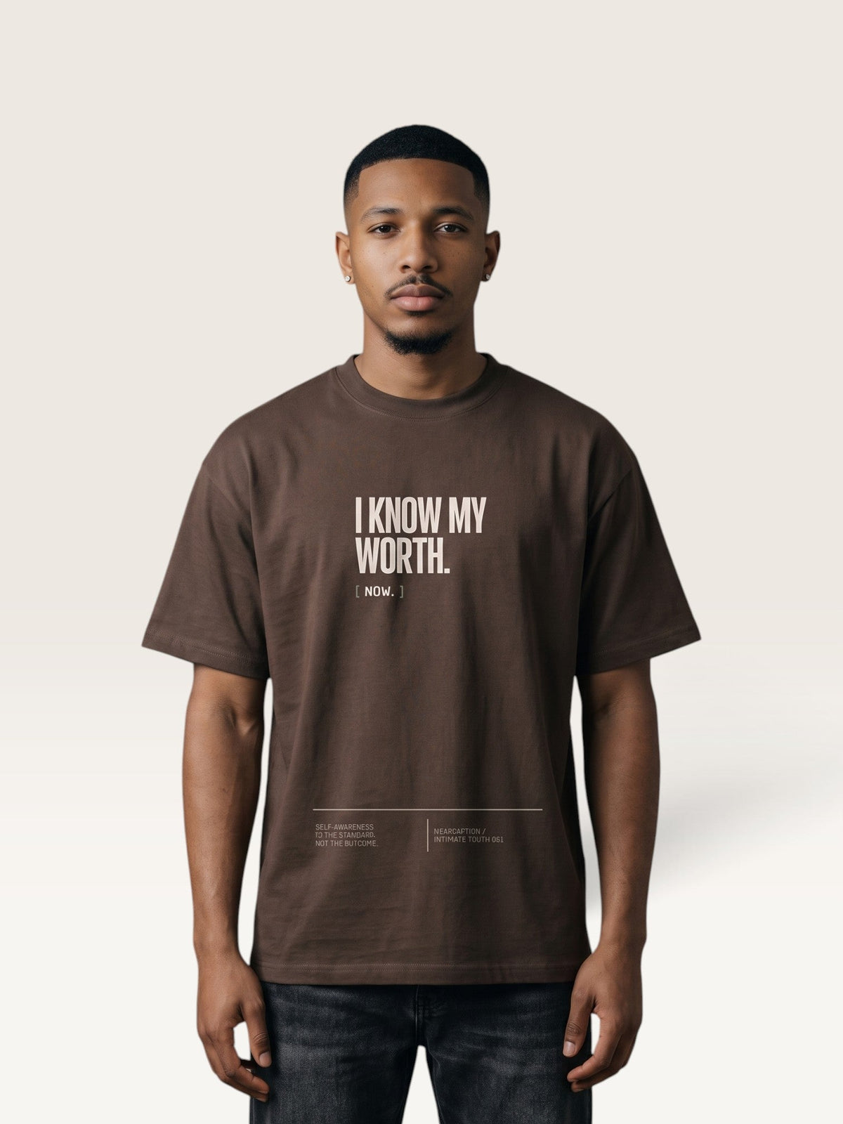 Coffee WEARCAPTION  heavyweight cotton oversized t-shirt with white I KNOW MY WORTH graphic print on the front