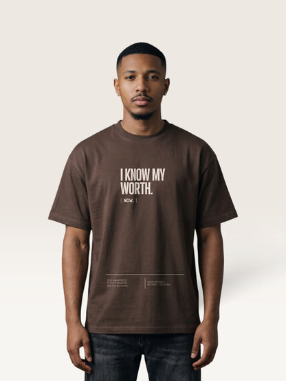Coffee WEARCAPTION  heavyweight cotton oversized t-shirt with white I KNOW MY WORTH graphic print on the front