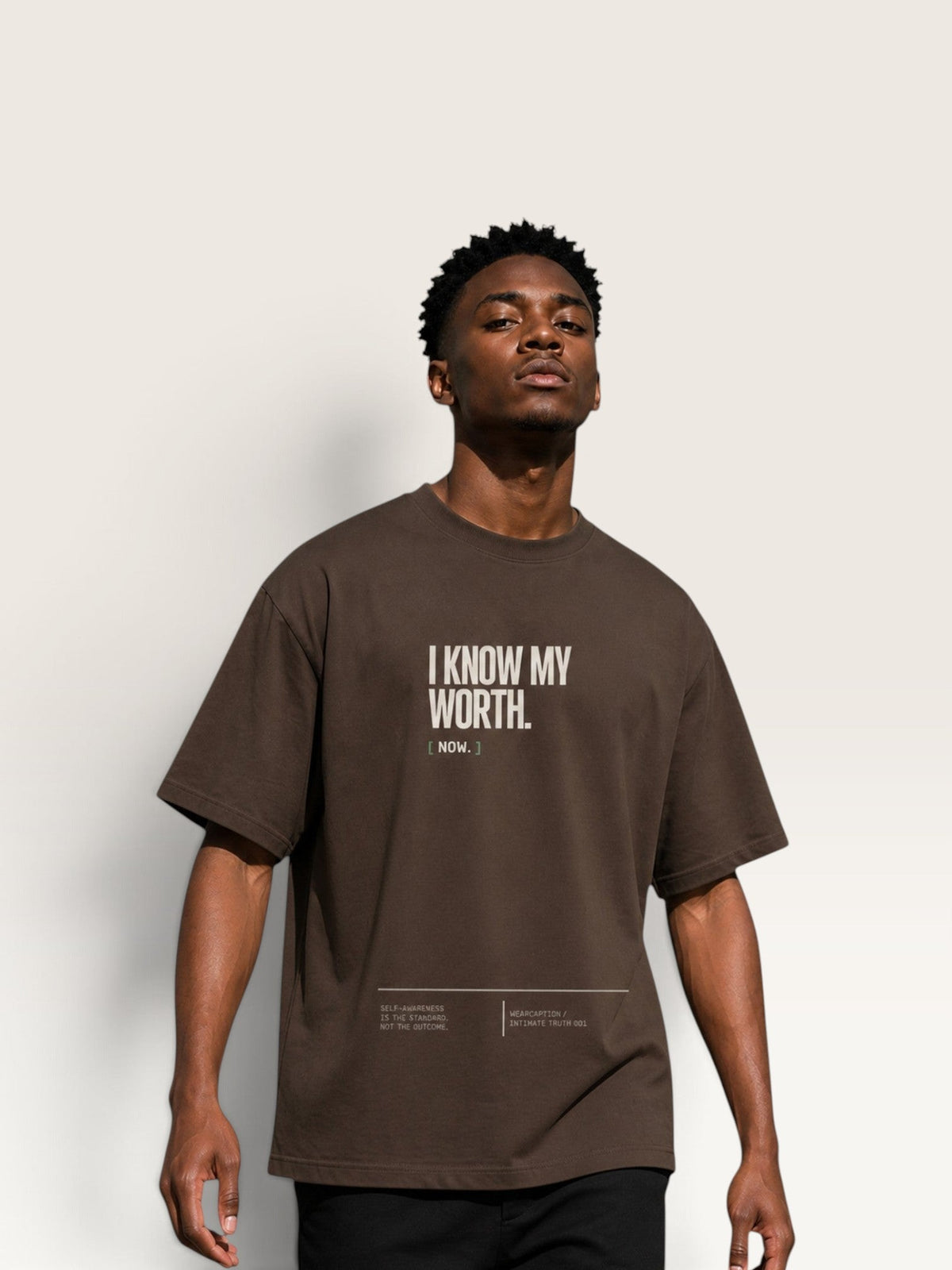 Coffee WEARCAPTION  heavyweight cotton oversized t-shirt with white I KNOW MY WORTH graphic print on the front