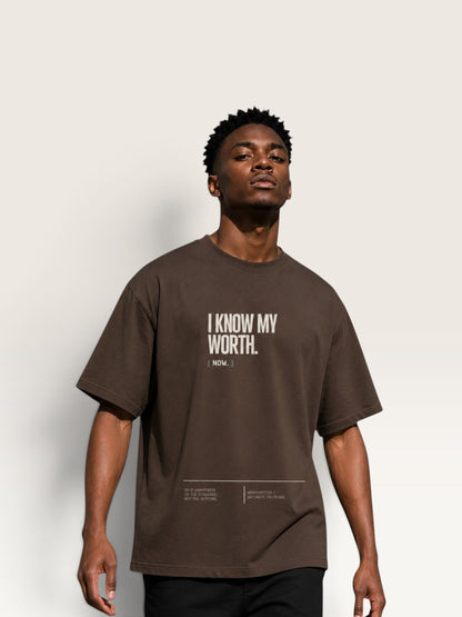 Coffee WEARCAPTION  heavyweight cotton oversized t-shirt with white I KNOW MY WORTH graphic print on the front