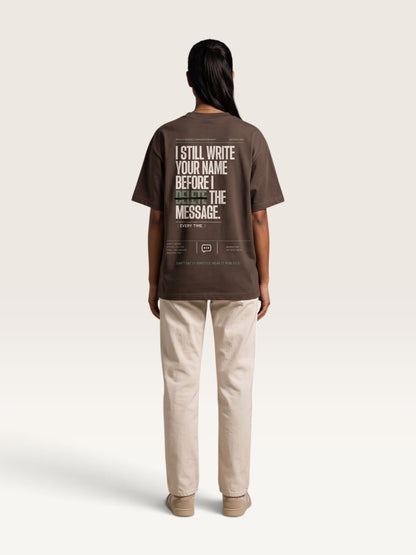 Coffee WEARCAPTION  heavyweight cotton oversized t-shirt with white I DON'T REACH OUT graphic print on the chest