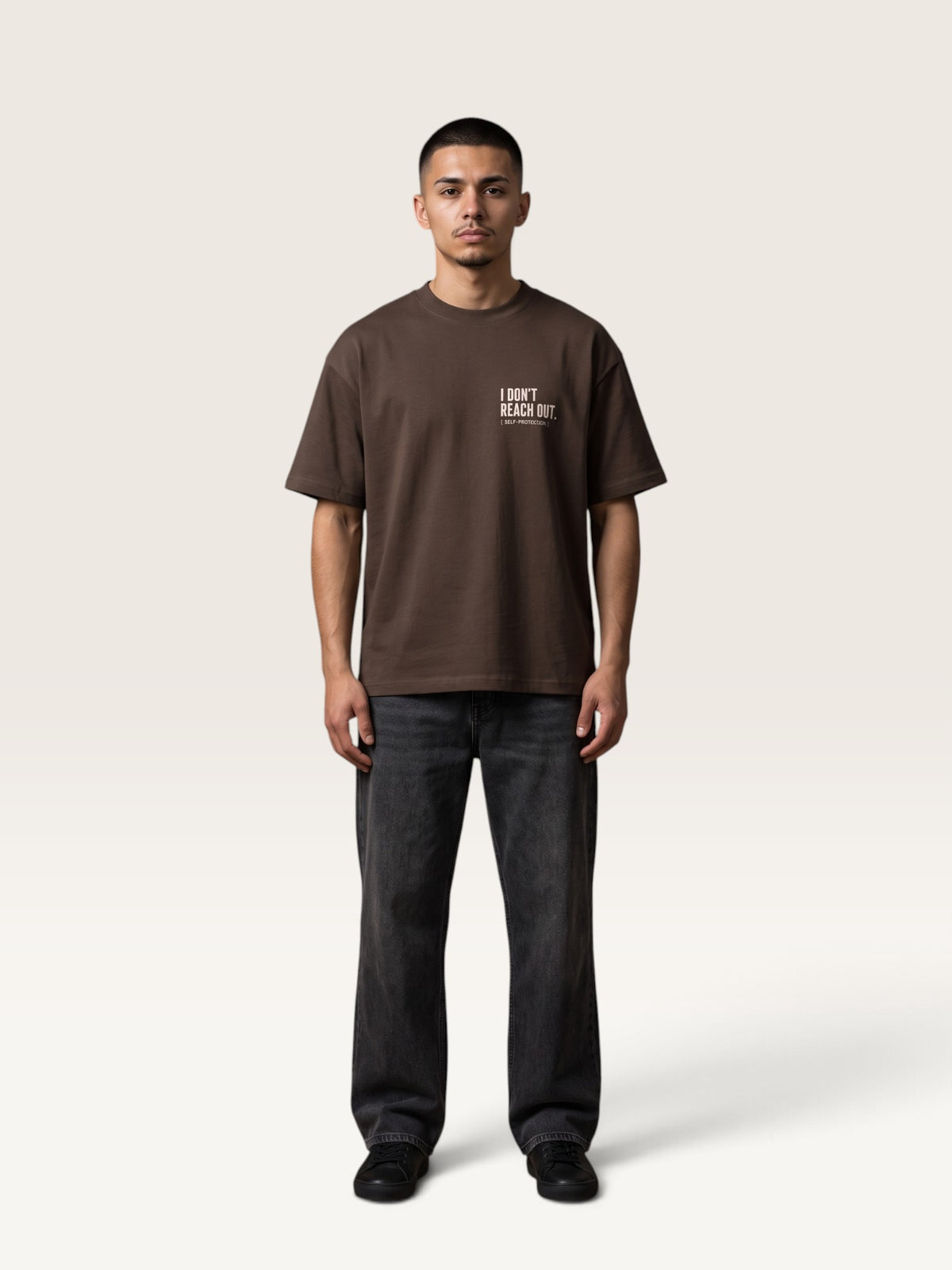 Coffee WEARCAPTION  heavyweight cotton oversized t-shirt with white I DON'T REACH OUT graphic print on the chest