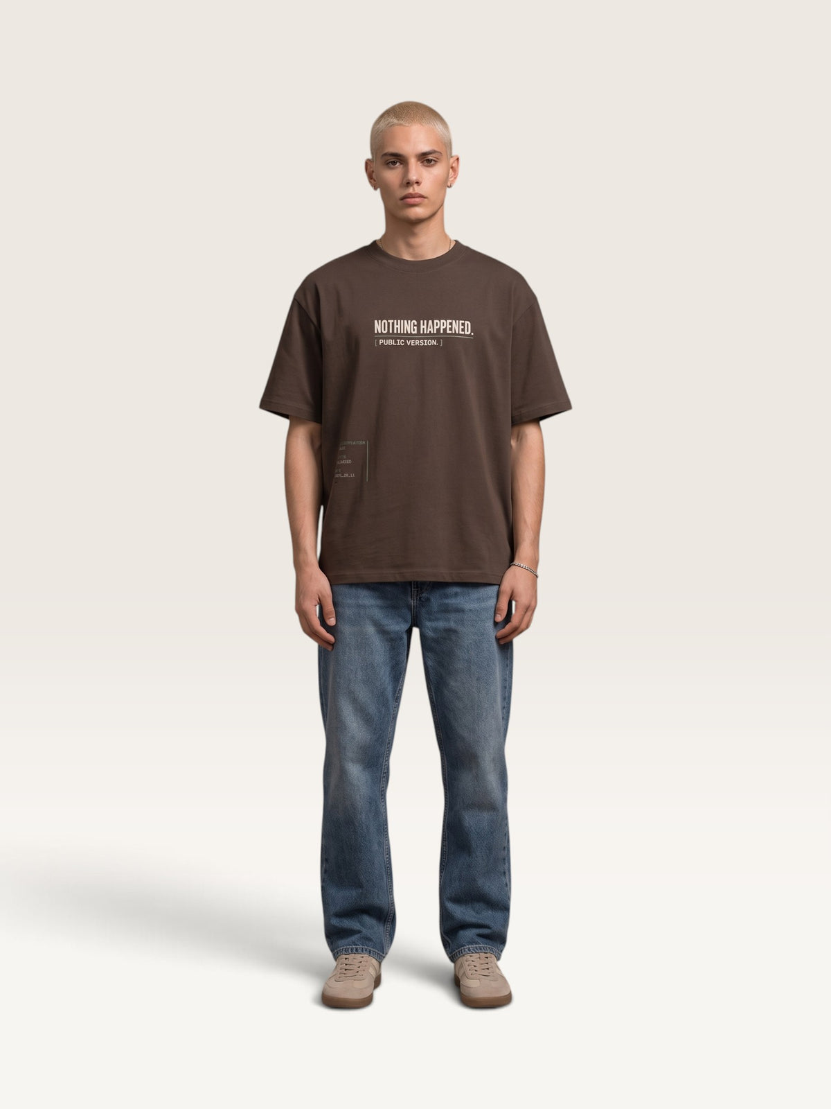 Coffee WEARCAPTION  heavyweight cotton oversized t-shirt with NOTHING HAPPENED PUBLIC VERSION graphic print