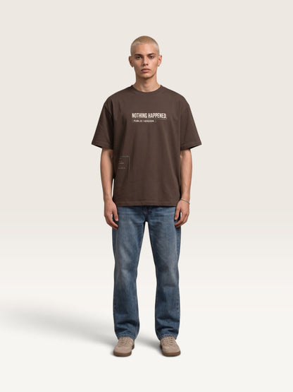 Coffee WEARCAPTION  heavyweight cotton oversized t-shirt with NOTHING HAPPENED PUBLIC VERSION graphic print