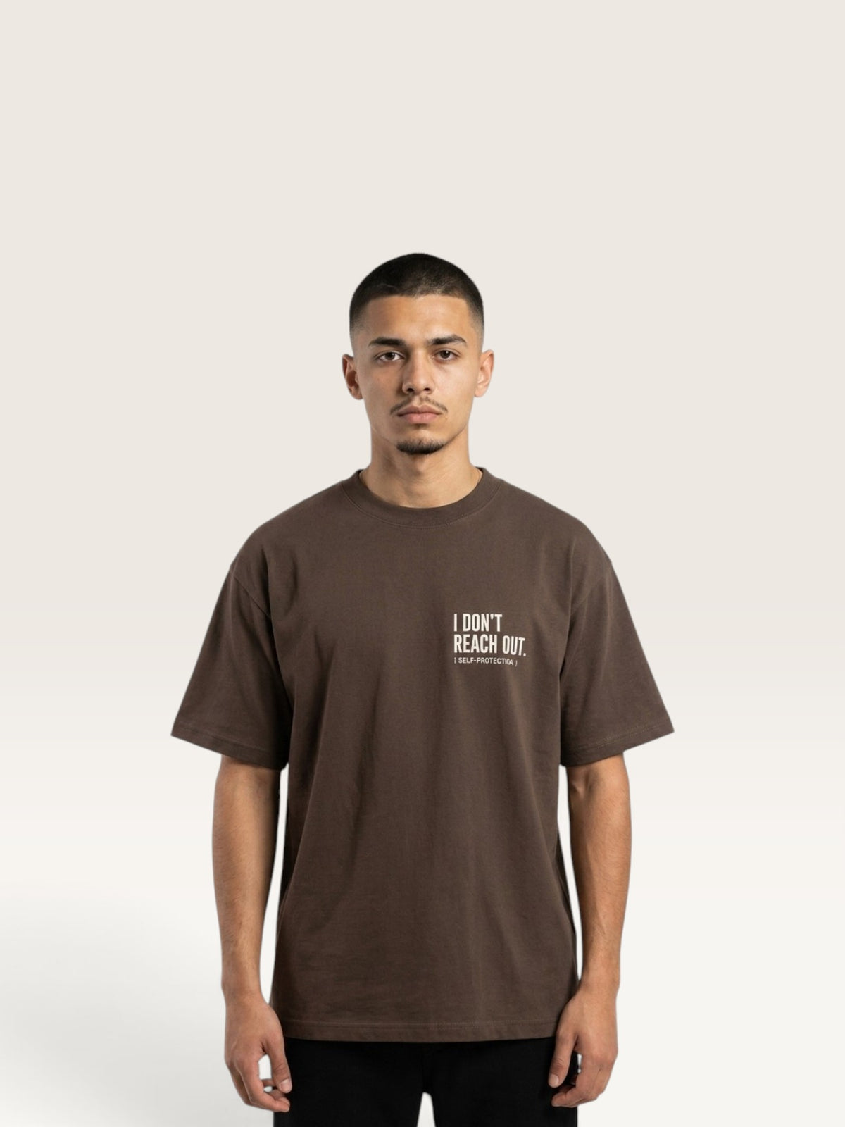 Coffee WEARCAPTION  heavyweight cotton oversized t-shirt with white I DON'T REACH OUT graphic print on the chest