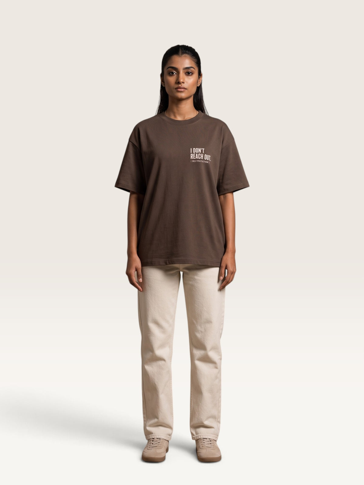 Coffee WEARCAPTION  heavyweight cotton oversized t-shirt with white I DON'T REACH OUT graphic print on the chest