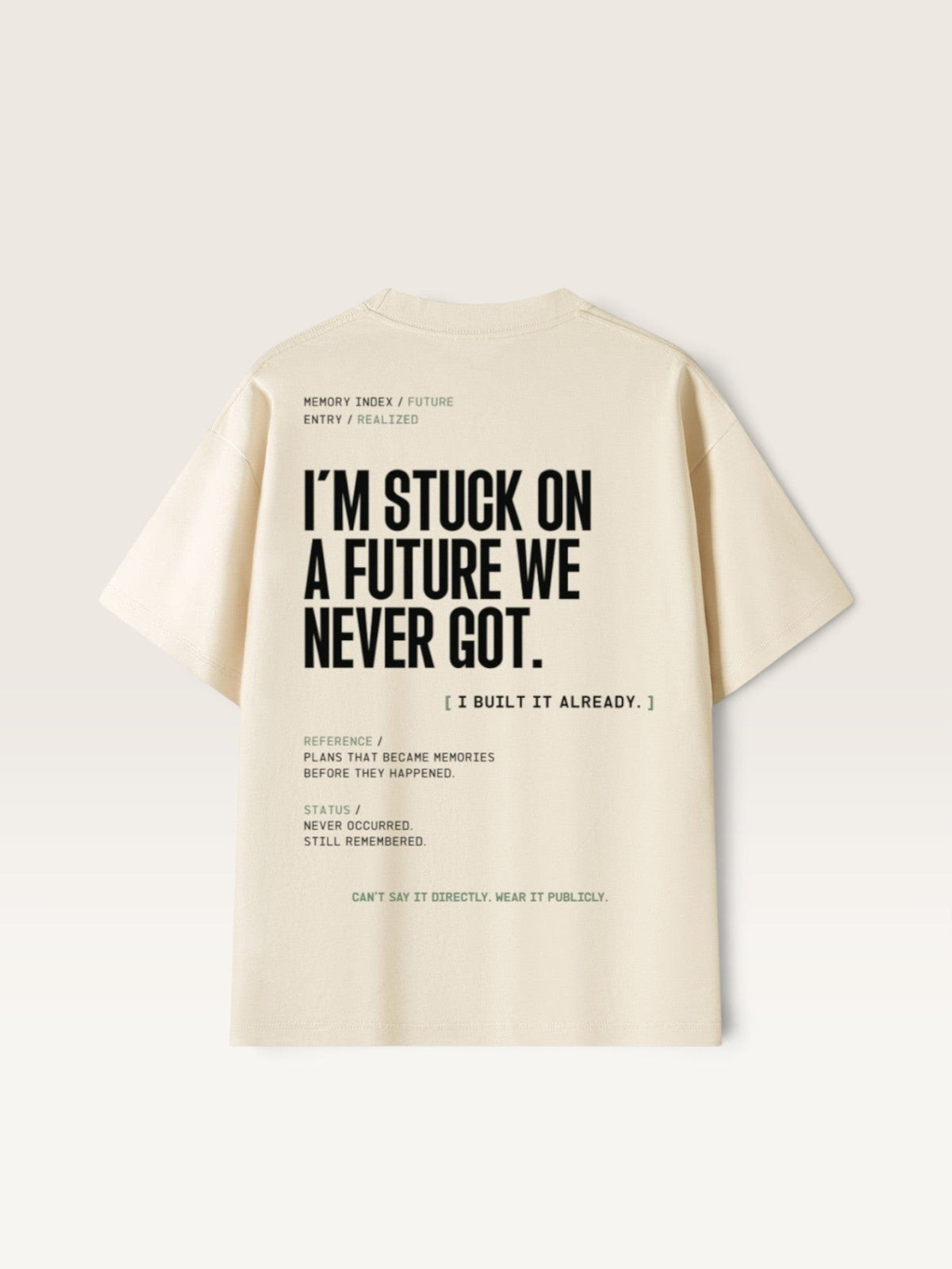 Mild Apricot WEARCAPTION heavyweight cream cotton t-shirt with black typographic back print featuring existential text design