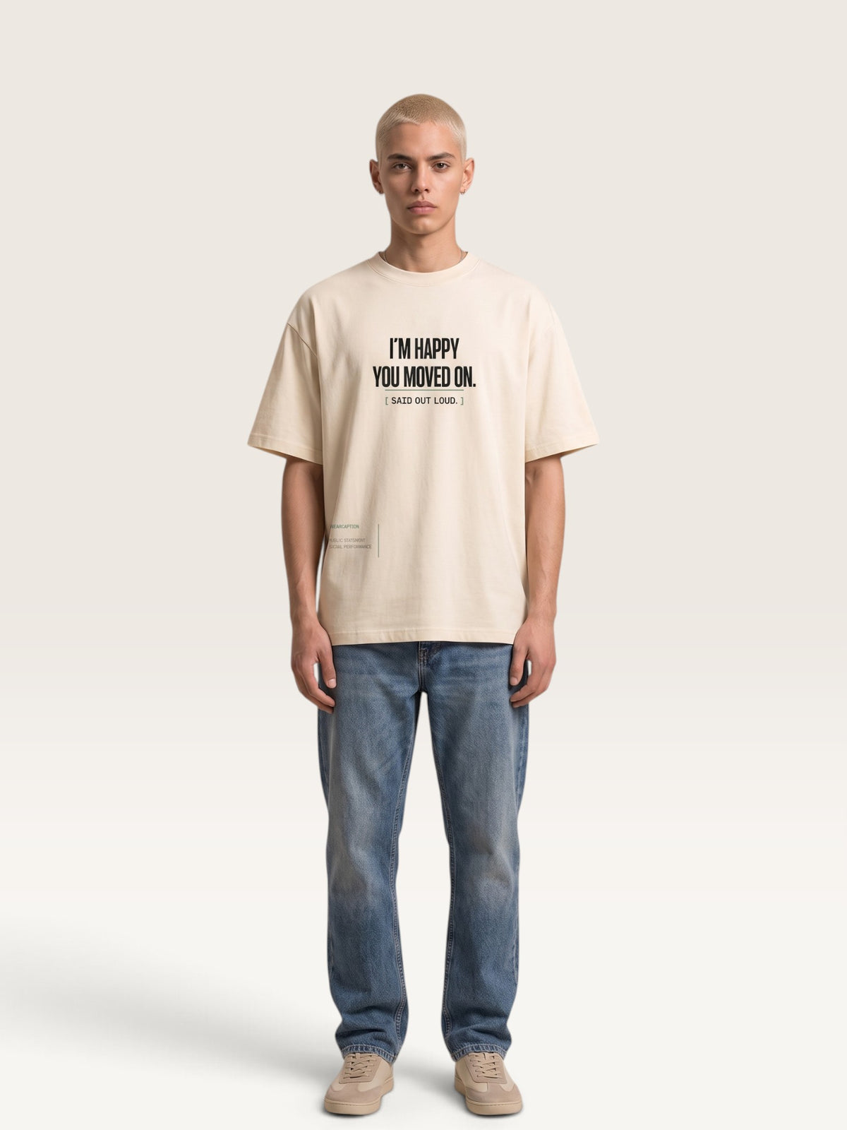 Mild Apricot - WEARCAPTION heavyweight cotton oversized t-shirt with white graphic text I'M HAPPY YOU MOVED ON