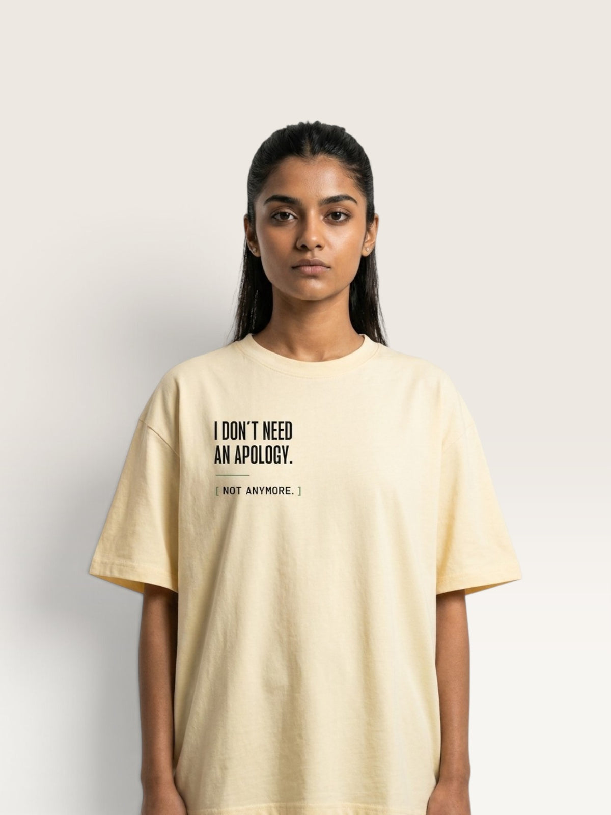 Apricot WEARCAPTION oversized cream heavyweight cotton t-shirt with I DON'T NEED AN APOLOGY text print on the chest