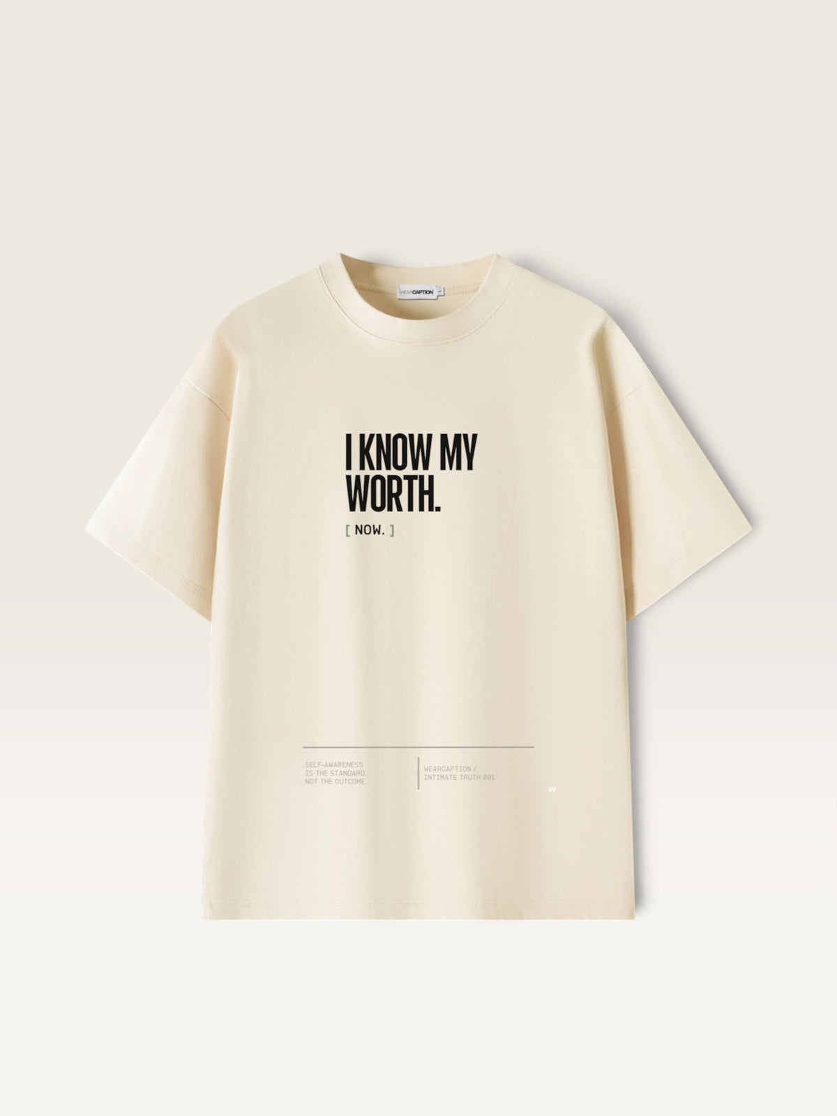 Mild Apricot WEARCAPTION  heavyweight cotton oversized t-shirt with white I KNOW MY WORTH graphic print on the front