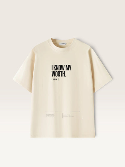 Mild Apricot WEARCAPTION  heavyweight cotton oversized t-shirt with white I KNOW MY WORTH graphic print on the front