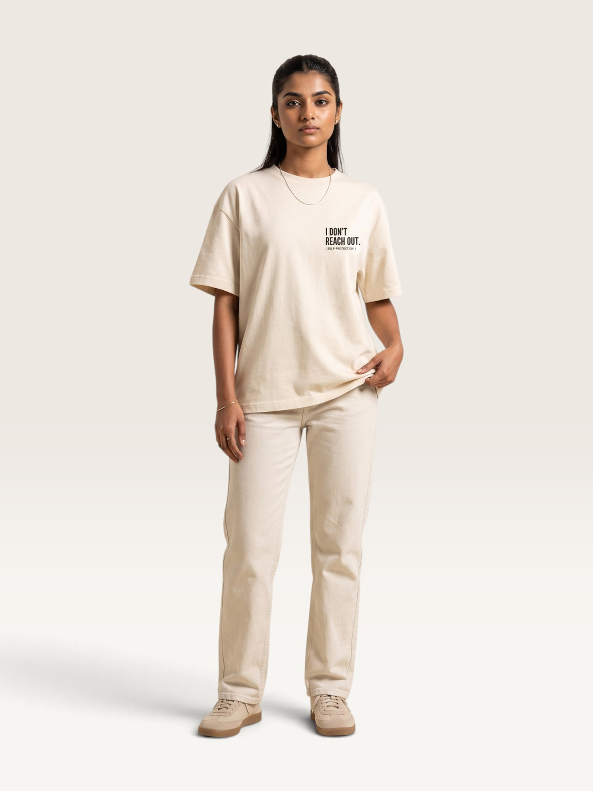 Mild Apricot  WEARCAPTION  heavyweight cotton oversized t-shirt with white I DON'T REACH OUT graphic print on the chest