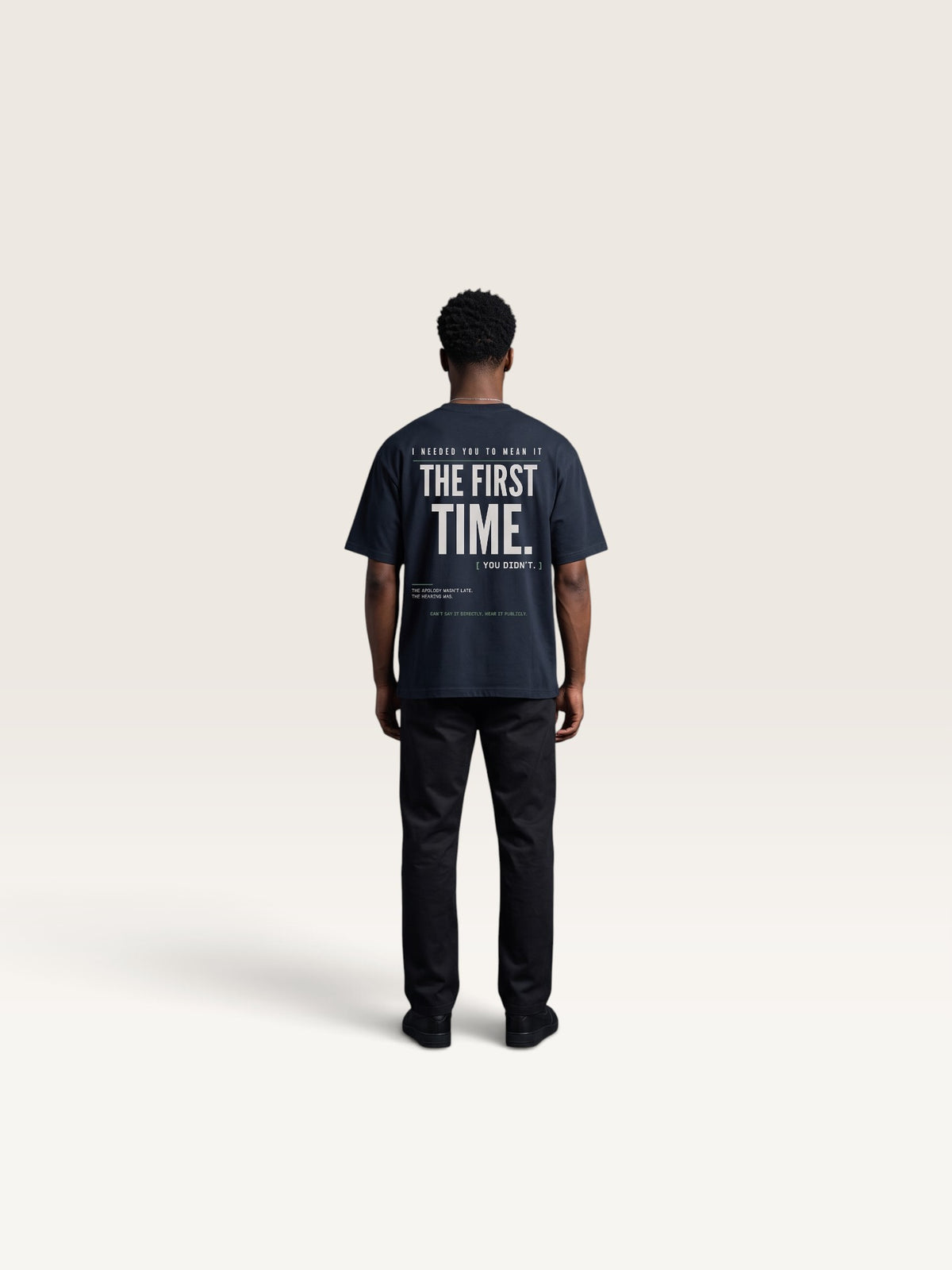 Navy Blue  WEARCAPTION heavyweight black cotton oversized t-shirt with white typographic back print on a male model