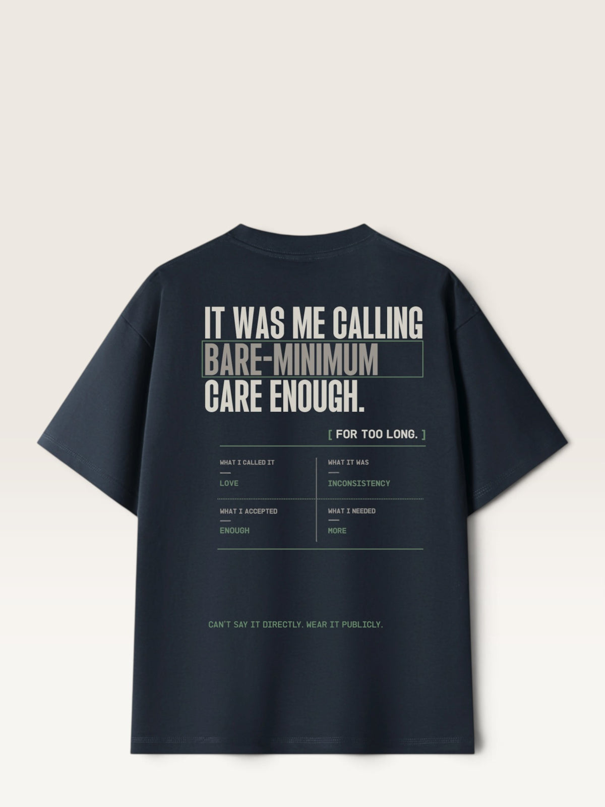 Navy Blue WEARCAPTION heavyweight cotton oversized t-shirt with white and green graphic text print on the back