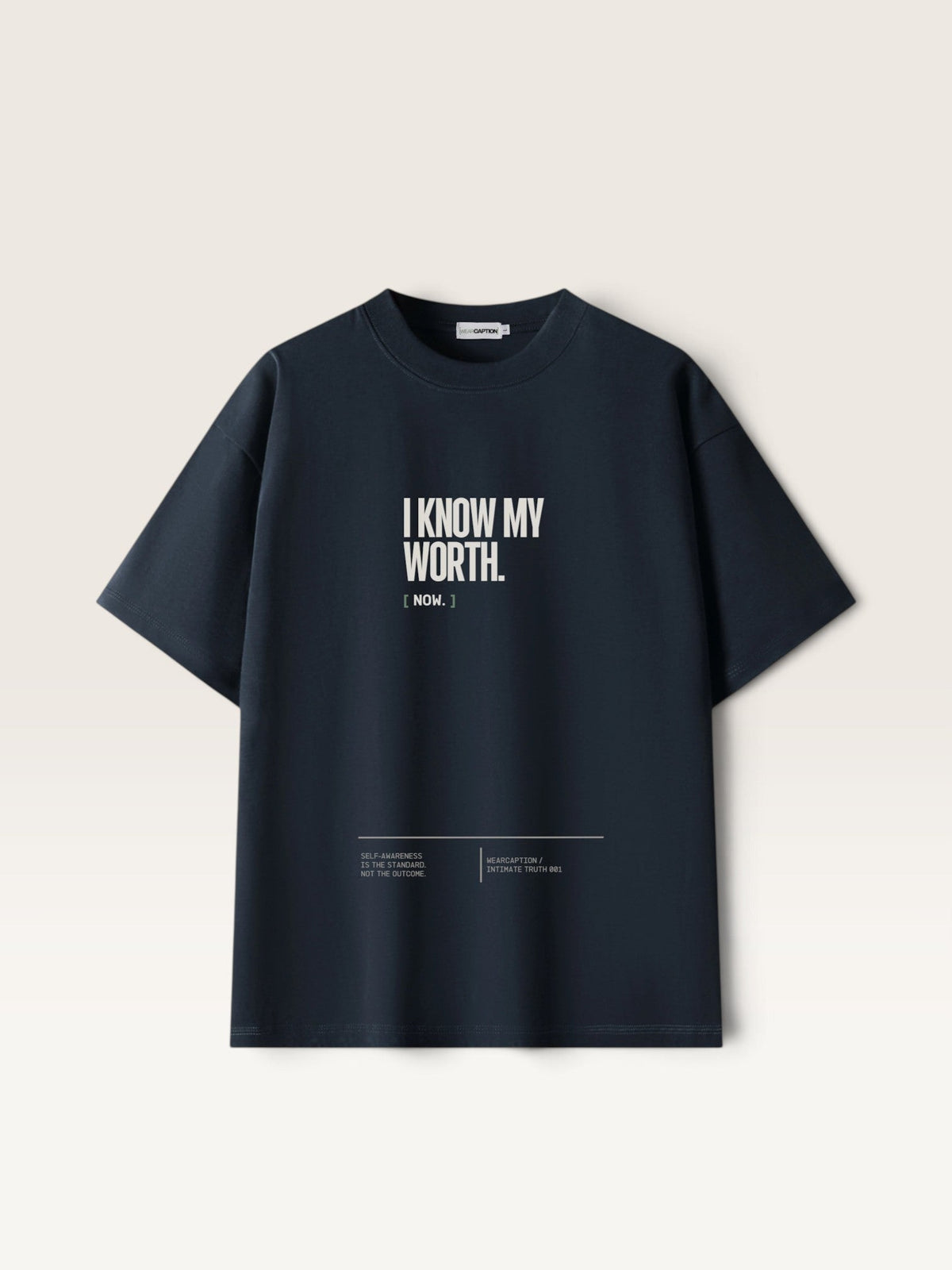 Navy Blue  WEARCAPTION  heavyweight cotton oversized t-shirt with white I KNOW MY WORTH graphic print on the front