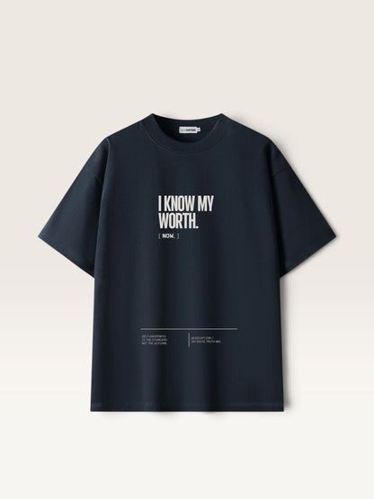 Navy Blue  WEARCAPTION  heavyweight cotton oversized t-shirt with white I KNOW MY WORTH graphic print on the front