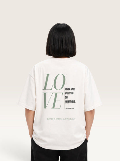 White - heavyweight cotton oversized t-shirt with white I STILL LOVE YOU graphic print on the front