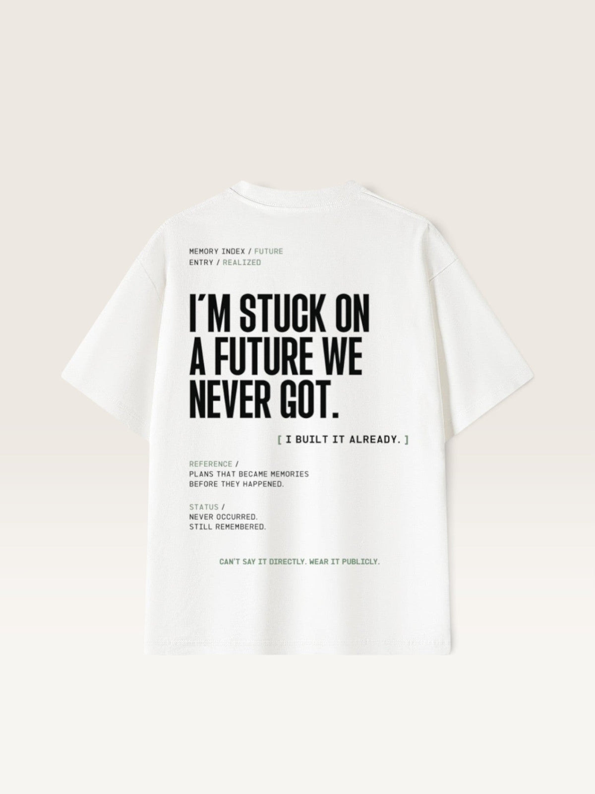 White  WEARCAPTION heavyweight white cotton t-shirt with black typographic print on the back featuring existential text.