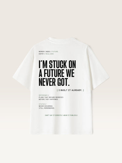 White  WEARCAPTION heavyweight white cotton t-shirt with black typographic print on the back featuring existential text.