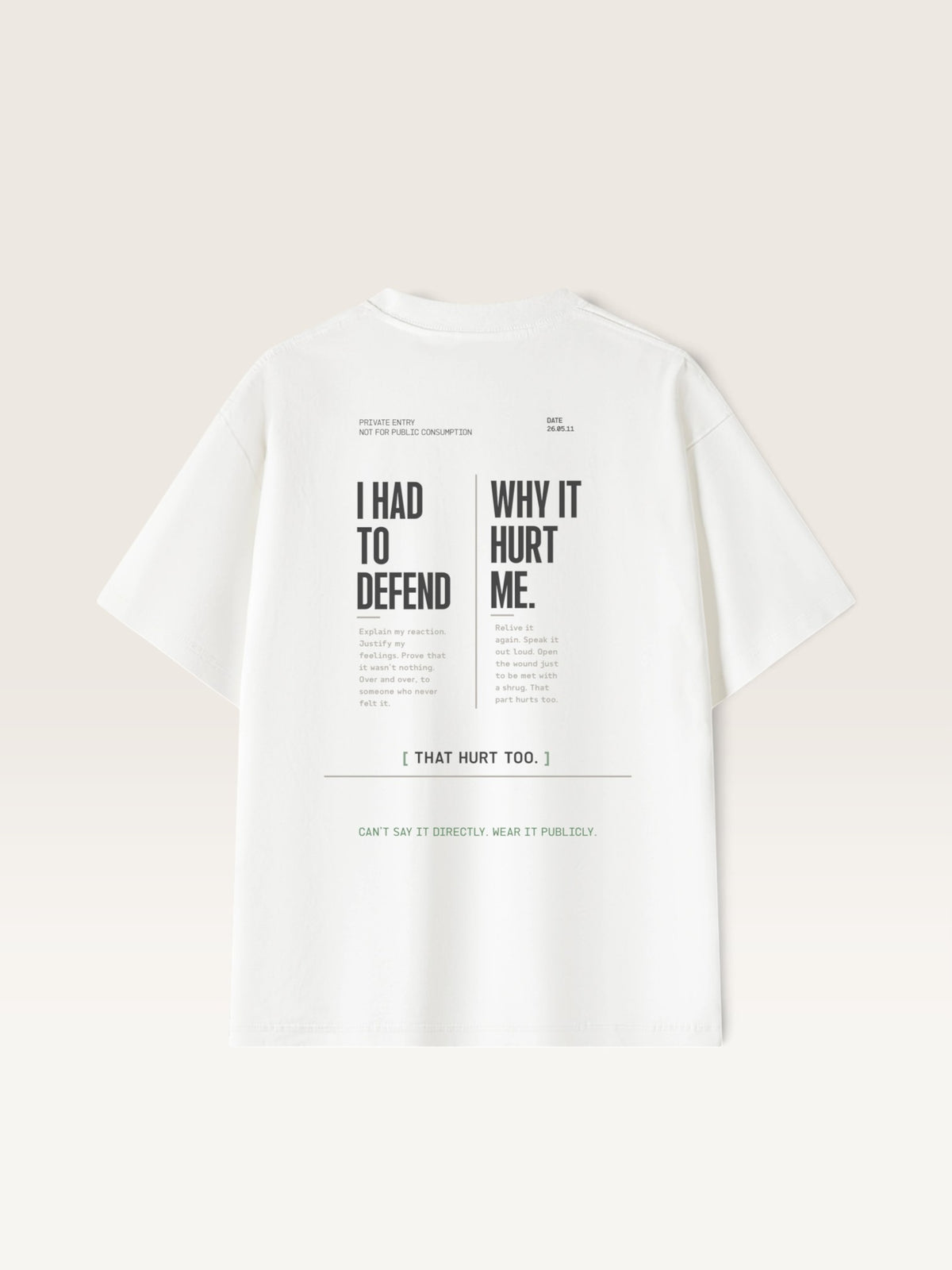 White WEARCAPTION heavyweight white cotton t-shirt with black typographic back print featuring emotional text design