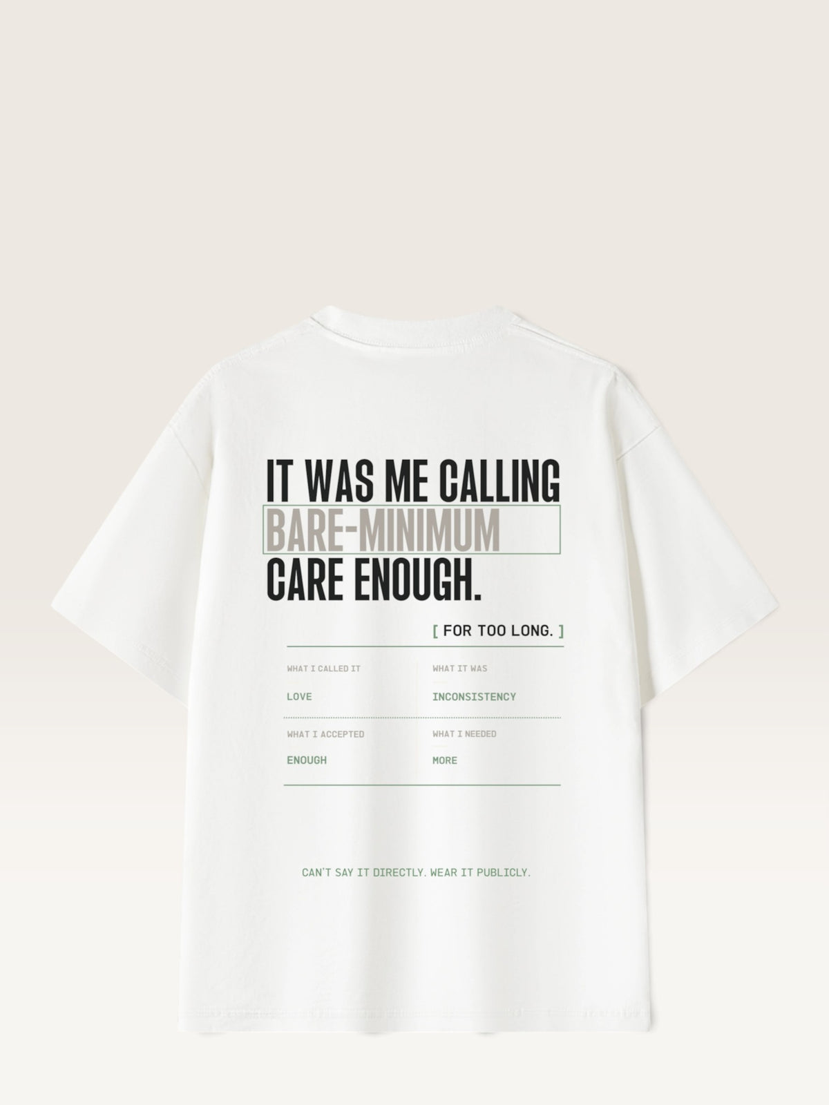 White WEARCAPTION heavyweight cotton oversized t-shirt with white and green graphic text print on the back