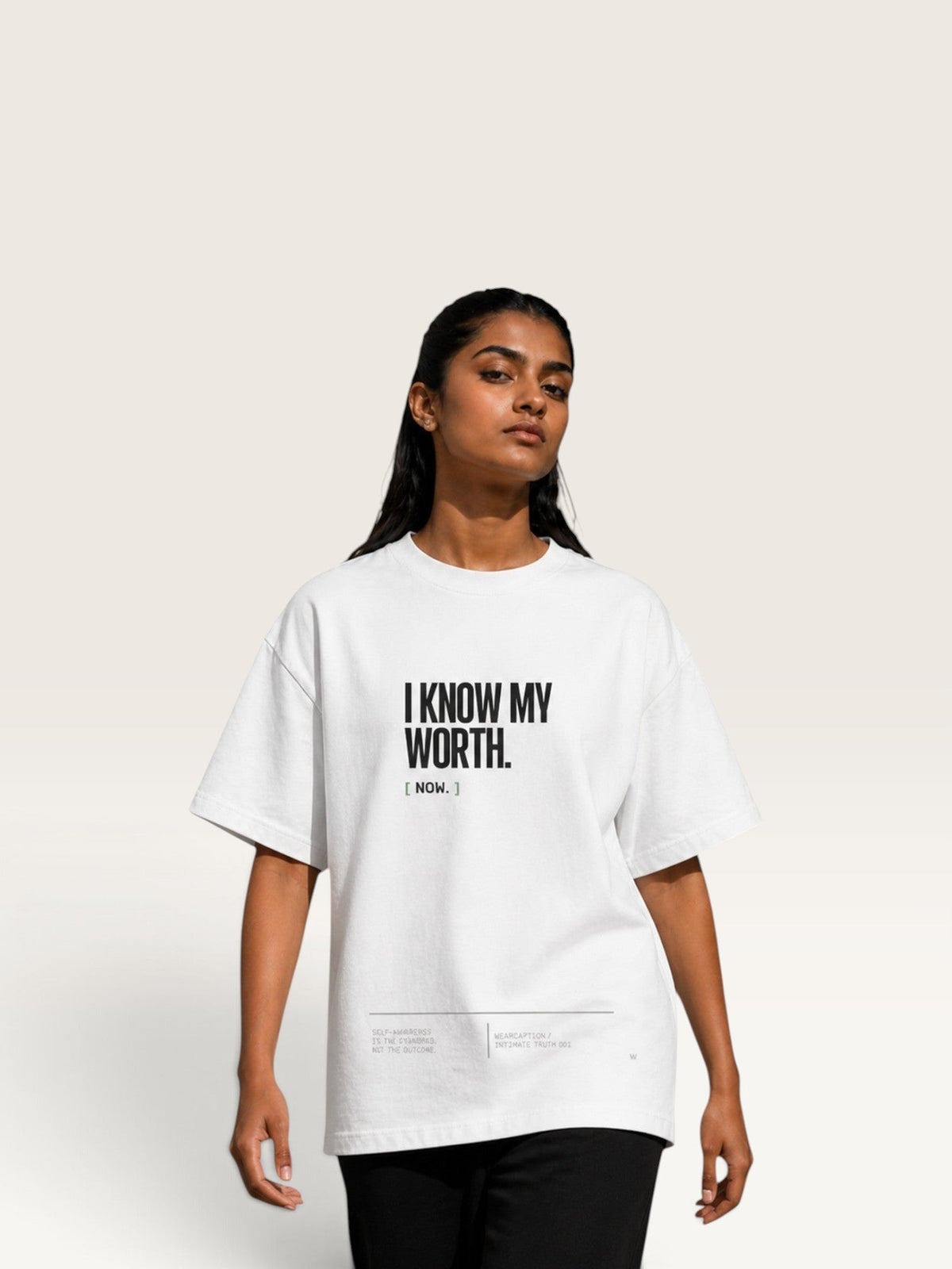 White WEARCAPTION  heavyweight cotton oversized t-shirt with white I KNOW MY WORTH graphic print on the front